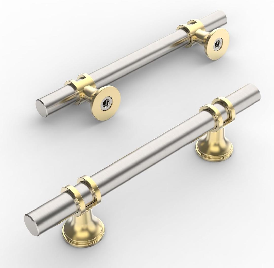 Amerdeco 10 Pack Brushed Satin Nickel and Gold Cabinet Pulls 3.75 Inch(96MM) Hole Centers Kitchen Cabinet Handles Cabinets Hardware Drawer Pulls ZH0058 (3.75"/96MM Hole Center, Gold+Brushed Satin Nickel)