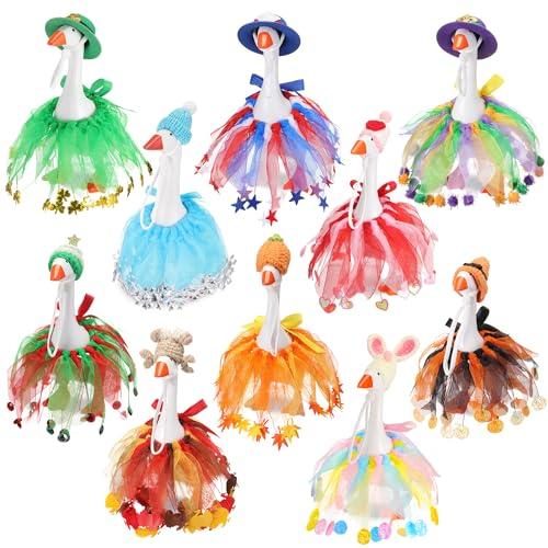 Weysat 10 Set Holiday Mini Desk Goose Outfit 250th Anniversary Summer Mexican 4th for July Magnetic Geese Statue Felt Fabric Costume for 7 Inch Desktop Goose Table Decor Gifts(Tutu Style,Crochet)
