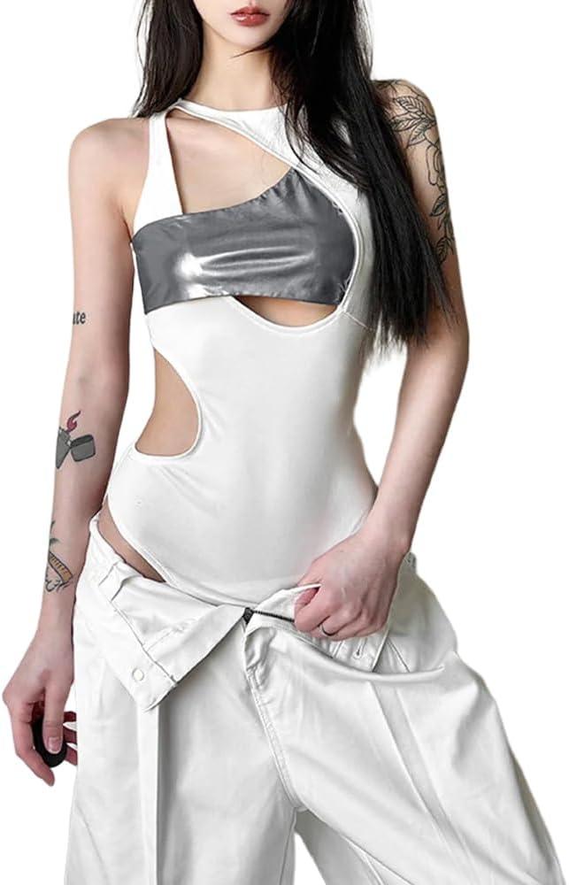 Sexy Slim Out Women Bodysuit Summer Streetwear Outfit Gothic One Piece Jumpsuit Sleeveless for Rave Party Club (Medium, White)