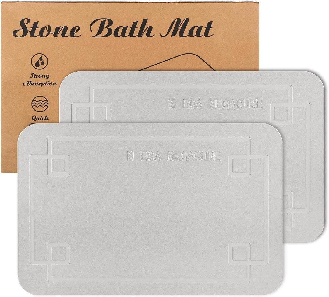 Stone Bath Mat, Super Absorbent Diatomaceous Earth Shower Mat, Non-Slip Fast-Drying Bathroom Floor Mats, 23.6'' 15.4", Greyish White, 2 Pack
