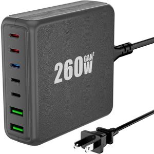 USB C Charger Block, 260W 7-Port Desktop USB C Charger, 2x65W Ports Laptop Charging Compatible with MacBook Pro/Air, iPad Series,iPhone 14/13/Mini/Pro/13Pro Max/12, Galaxy (grey)