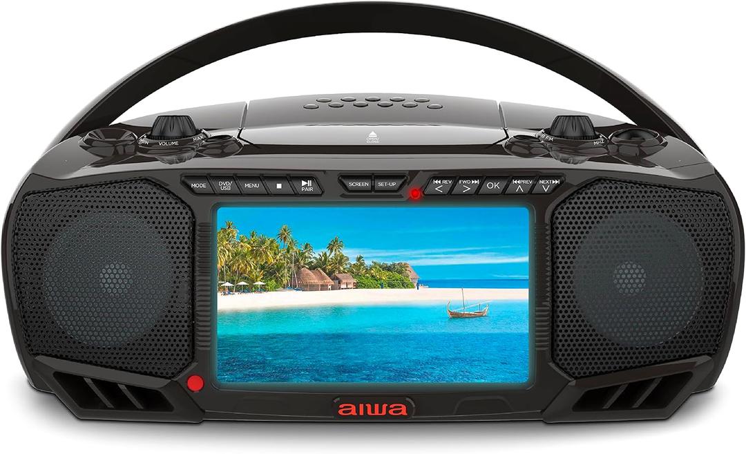 Aiwa Portable DVD Player, Crystal Clear Sound with Dual 3W Speakers and Bass Function, Featuring a 7" LCD Display, Bluetooth Connectivity, FM Radio, CD/DVD Playback