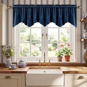 StangH Navy Blue Kitchen Valance for Windows, Scalloped Valance Curtains for Small Windows, Classic Rod Pocket Window Drapes for Dining Room/Bathroom/Basement, 52x18 Inch, 1 Panel