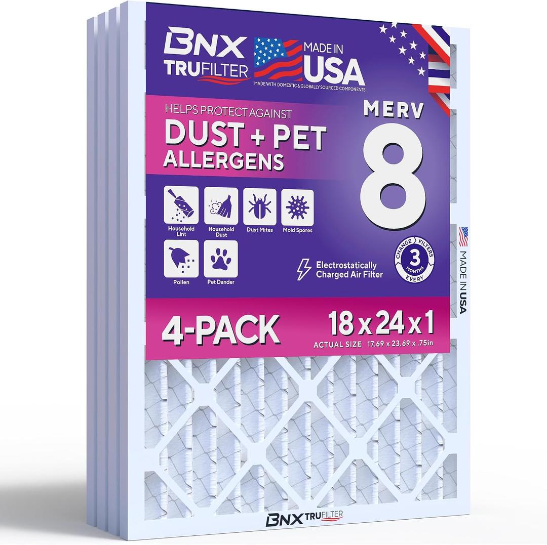 BNX TruFilter 18x24x1 Air Filter MERV 8 (4-Pack) - MADE IN USA – Dust & Pet Defense Electrostatic Pleated Air Conditioner HVAC AC Furnace Filters for Dust, Pet, Mold, Pollen MPR 600 – 700 & FPR 5