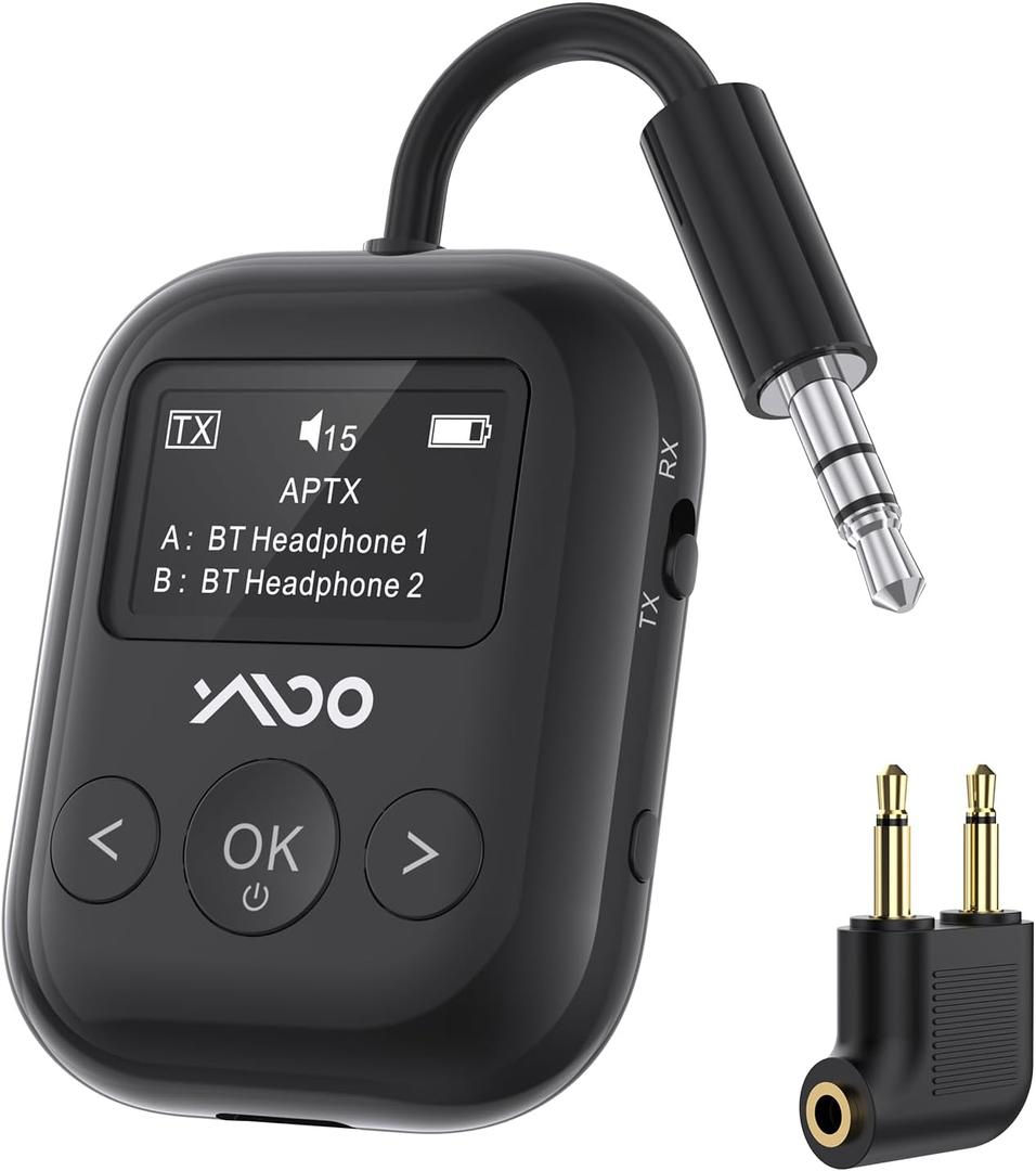 YMOO Upgraded Bluetooth 5.4 Transmitter Receiver for Airplane, Wireless Bluetooth Transmitter Travel Essentials, Supports to 2 Headphones, 2-in-1 Adapter for Planes,TV, Gym,Car,Home Stereo (Black)