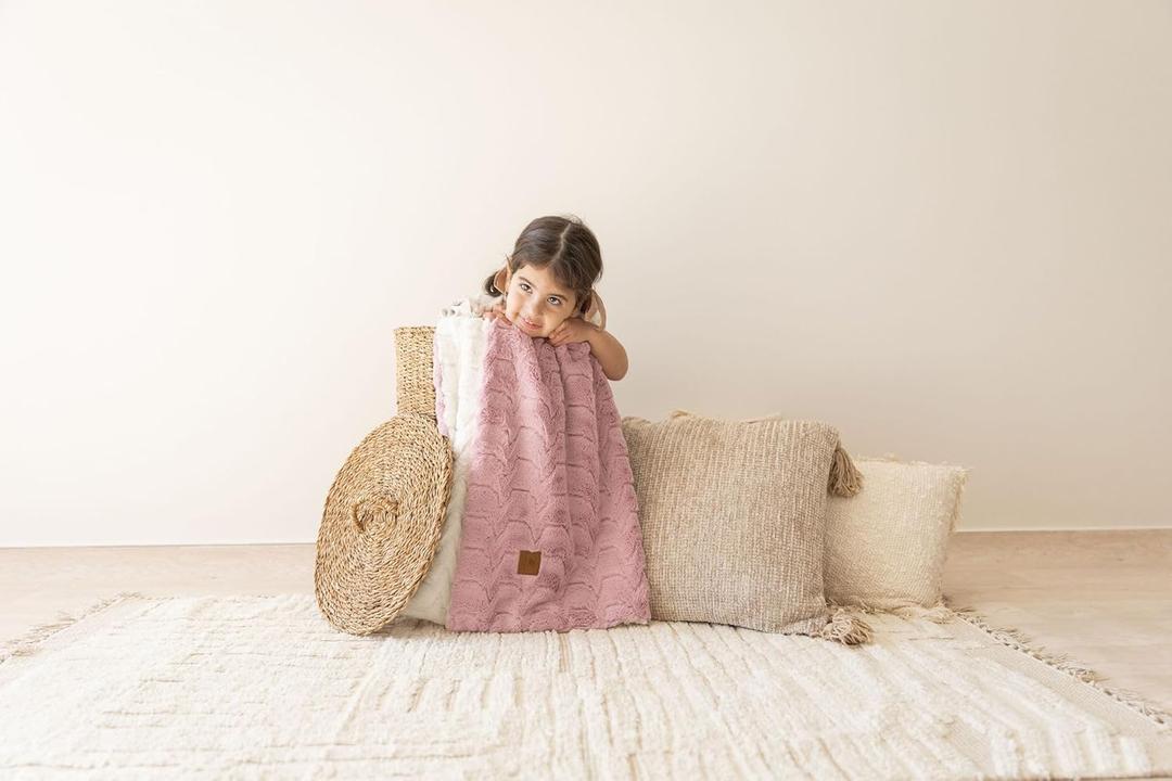 Cuddle Cookie Baby Zigzag Faux Fur Blanket, 27 x 33 inches, Blue Pink Grey, with Ivory, Gift Box (Pink)
