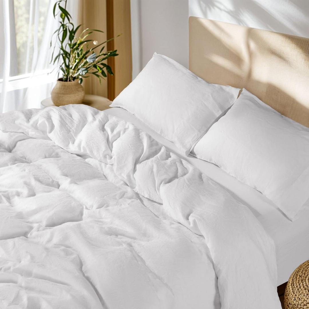 SONORO KATE 100% French Linen Duvet Cover Queen Size, Soft Breathable for Hot Sleepers, Moisture Wicking & Durable Cover Set - Zipper Closure & 4 Corner Ties Duvet Covers 3 Piece (White,Queen)