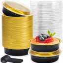 8 OZ Mini Cake Pans Disposable Ramekins with Lids Round Aluminum Mini Foil Cake Tins Baking Pans for Party Wedding Pudding (Black Gold, 25 Pack)