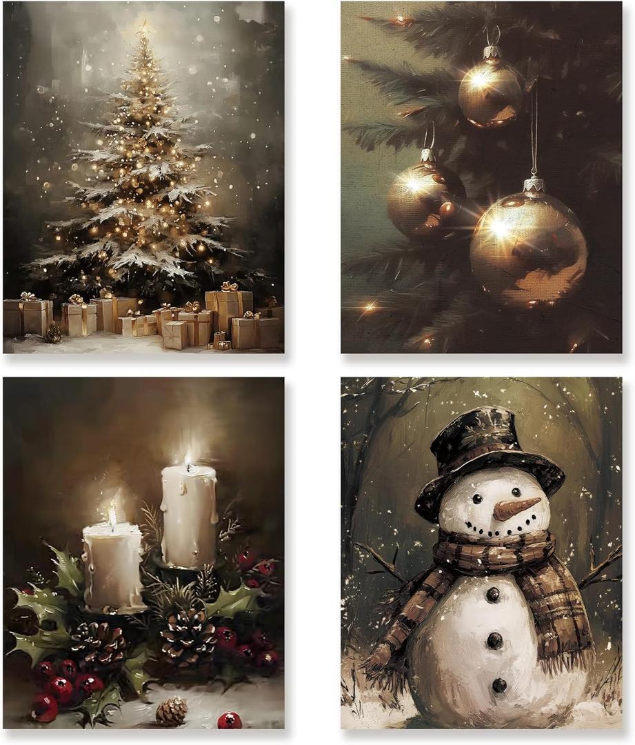 KSDUT Vintage Christmas Wall Art Decor Set of 4 - Retro Winter Holiday Xmas Artwork Poster Christmas Tree Snowman Wall Decor for Home Farmhouse Bedroom Gallery Decorations - 12"x16" Unframed