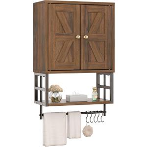 Farmhouse Medicine Cabinet - 3-Tier Wall Mounted Storage Organizer with Adjustable Shelves, Towel Bar, 5 Hooksfor Small Bathroom, Laundry Room, Over Toilet, Living Room, Bedroom (Walnut)