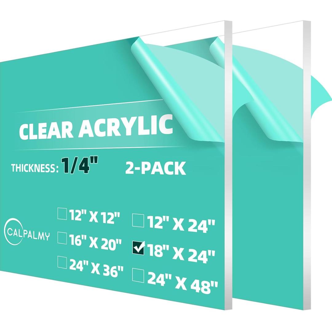 CALPALMY (2 Pack) 1/4" Thick Clear Acrylic Sheets - 18 x 24 Pre-Cut Plexiglass Sheets for Craft Projects, Signs, Display Cases, Sneeze Guard and More - Cut with Engraver, Power Saw or Hand Tools