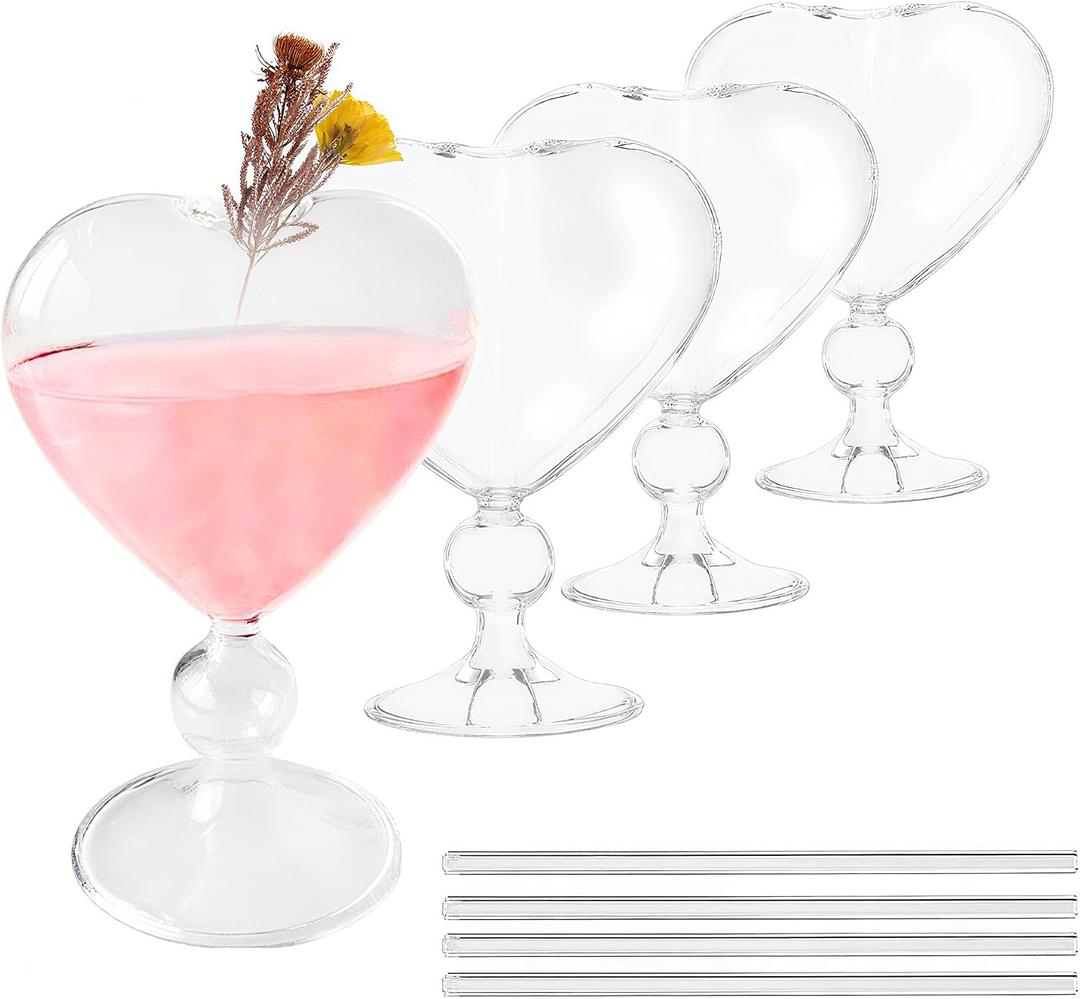4PCS Heart Shaped White Wine Glasses, Glass Highball Glasses, Cocktail Glasses for Parties, Homes, Bars, Clubs, Restaurants, Hotel Venue
