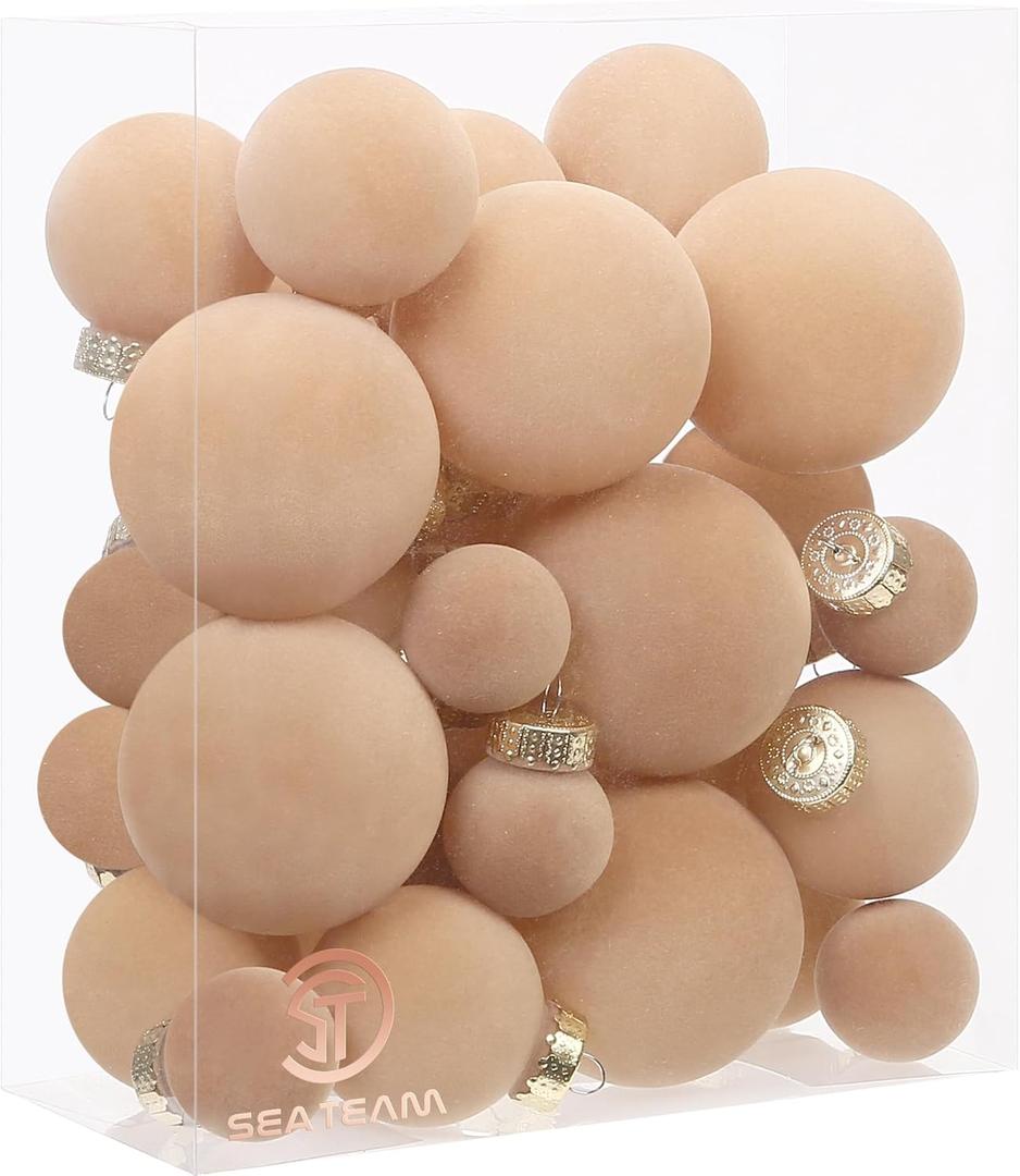 Sea Team 32-Pack Flocked Velvet Christmas Tree Ball Ornaments Set, Decorative Hanging Baubles, Shatterproof Plastic Decorations for Xmas Tree, Wreath, Garland, Multi-Sized, Beige
