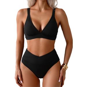Sexy Ribbed Bikini Set 2 Piece Womens High Waisted V-Cut Cheeky High Leg Tummy Control Longline Swimsuit (Medium, Black)