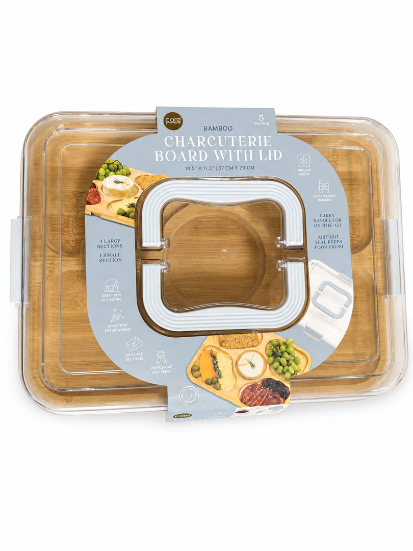 CoreHome Bamboo Charcuterie Board With Lid, 5 Sections, 14.5" x 11.3"