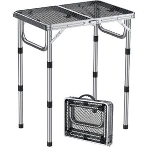 Anbte 2ft Folding Grill Table, Adjustable Height Max 27.5" Aluminum Camping Table, Heat-Resistant Tabletop, Lightweight, Portable Handle for Travel Cooking BBQ Picnic, 22.8" x 16", Silver