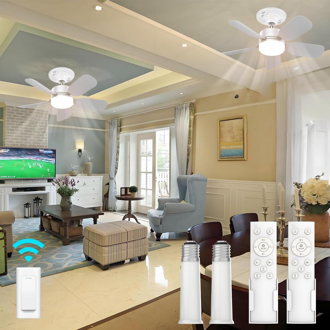 2 Pack 20" Socket Fan Light with Remote 30W 2000 Lumens, 3 Colors 3000-6000K Light Bulb Fan 6 Speed Wind Screw in Ceiling Fans in Light Socket for Bedroom, Living Room, Kitchen, Garage