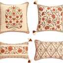 ISAENNE Design Linen Square Rectangle Vintage Throw Pillow Covers Set of 4, Red Euro Cushion Covers with Orange Floral Green Leaves Pattern Decor Pillowcases for Bed,Living Room,Outdoor,Car (18" x 18" (Pack of 4))