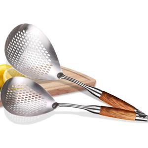 MARTE Skimmer Slotted Spoon,304 Stainless Steel Pasta Spider Strainer Ladle for Frying and Cooking,Kitchen Colanders & Food Strainers Set of 2Slotted Spoon with Heat-Resistant Solid Wood Handle