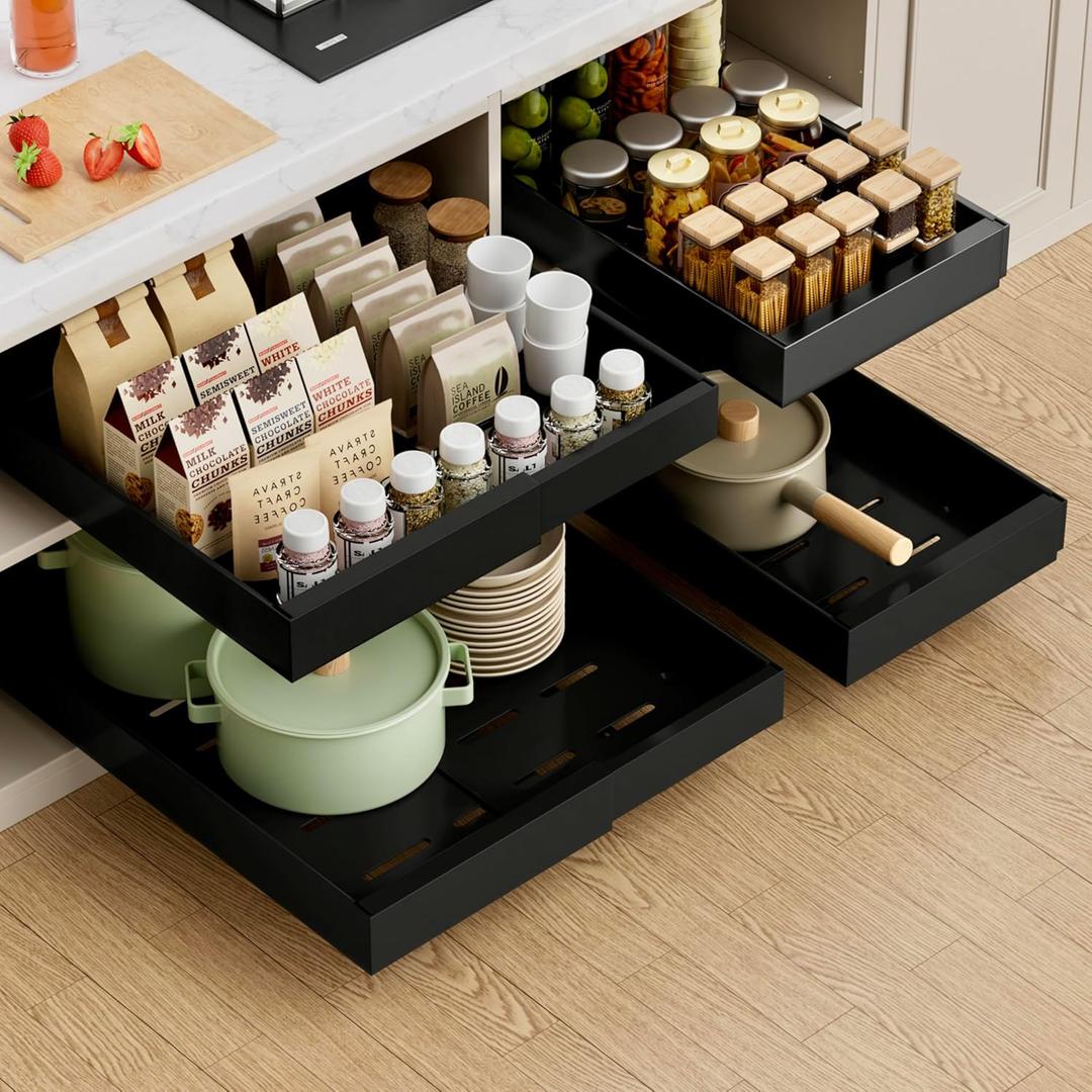 PAKETA 4 Pack Expandable Pull Out Cabinet Organizer, 21'' Deep Pull Out Drawers for Cabinet, Upgrade 3 Slide Rails Sliding Drawers for Cabinets with Adhesive Nano Film (Black, 21"D X 9-14"W)