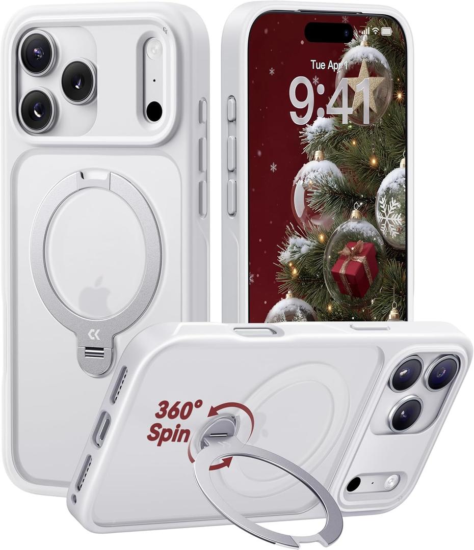 CASEKOO White for 17 Pro Case with 360 Spin Magnetic Stand [Camera Protection] [18FT Military Grade Protection] [Fit for MagSafe] Ring Grip Slim Matte 17 Pro Case 6.3 Inch