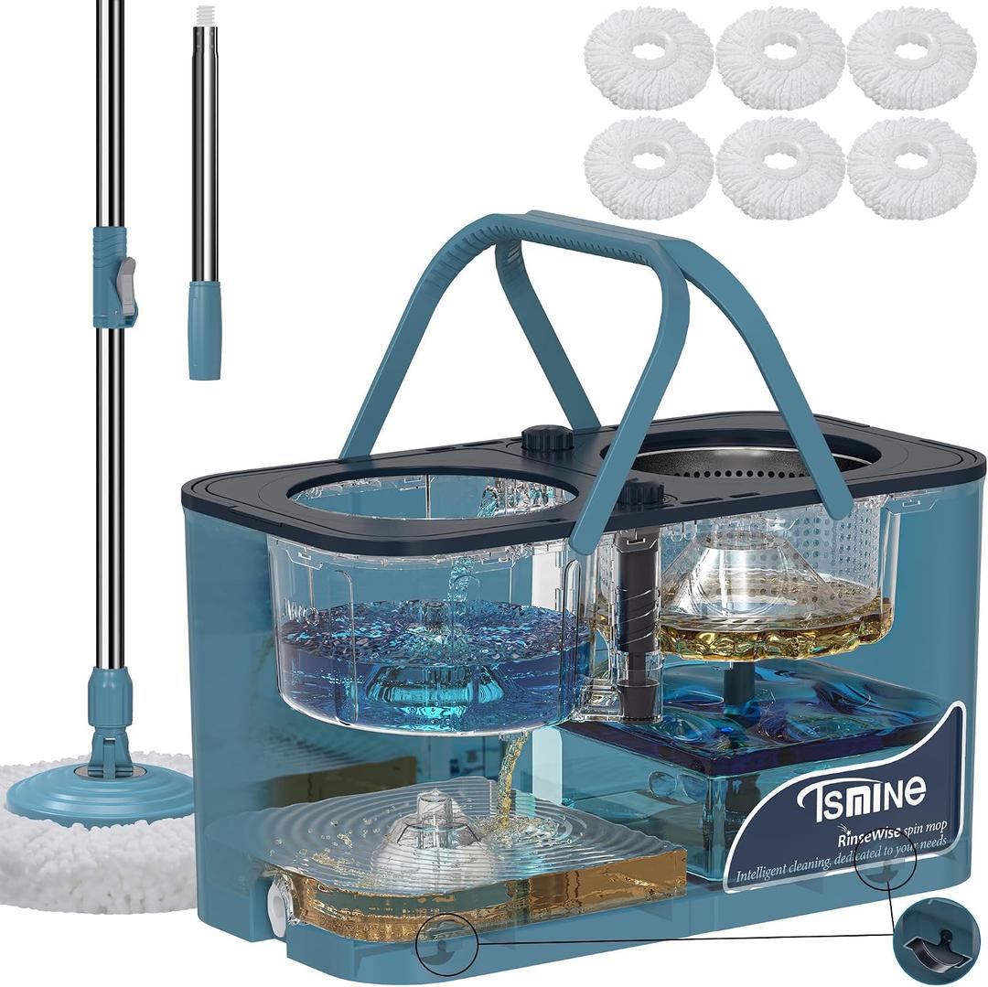 Spin Mop for Large Homes & Big Floor Cleaning, Clean & Dirty Water Separation Mop Bucket for Family & Pet Homes,4-Chamber System, Glide Wheels, Safe for Hardwood & Tile, Adjustable Handle, 6 Mop Heads