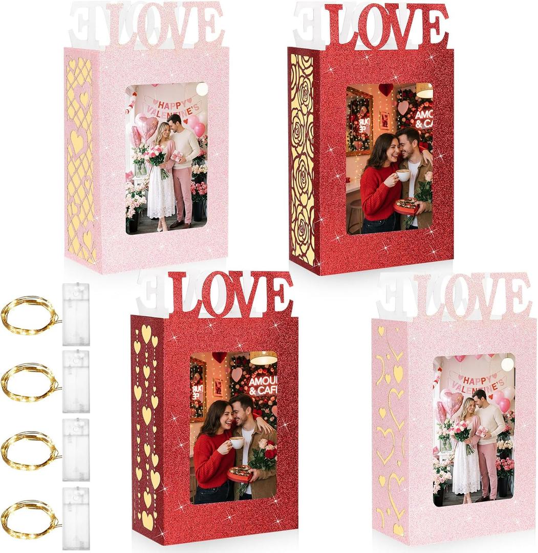 Yerliker 4 Pcs Valentine's Day Centerpiece for Table Picture Frame Decorations with 4 LED Mini Lights for Home DIY Valentine Gift Wedding Anniversary Decor No Battery (Love,Red,Pink)