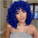 Afro Curly Wig with Bangs, Short Fluffy Curly Bob Wig for African American Women Colorful Halloween Party Cosplay WigBlue
