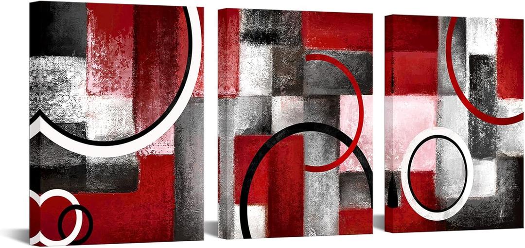 Visual Art Decor Abstract Geometric Circle Canvas Wall Art Rustic Burgundy Red Prints Artwork for Living Room Bedroom Christmas Wall Decoration
