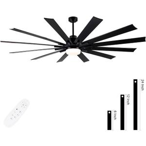 84 Inch Large Ceiling Fan with Light,12 Blades Reversible DC Ceiling Fan,6 Speeds Remote ControlDimmable 3 Color Temperatures LEDModern Black Ceiling Fans For Indoor or Covered Outdoor Use.