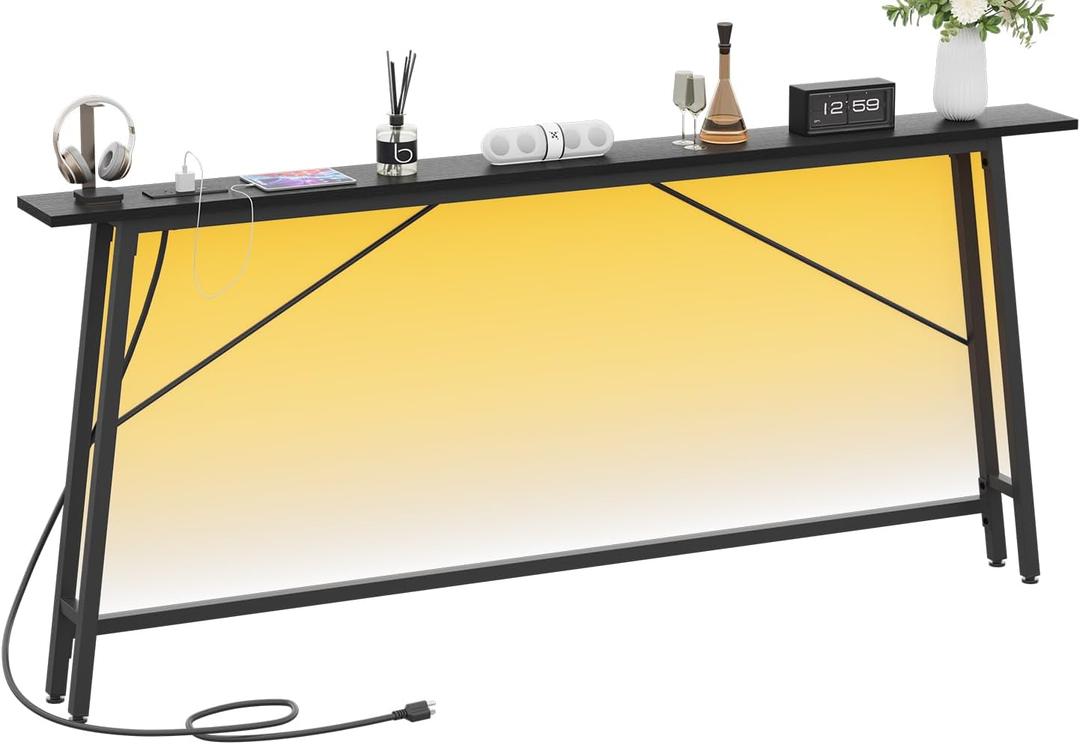 71'' Sofa Table with Power Outlets and LED Light, 5.9" Entryway Table Narrow with Type C & USB Port, Behind The Couch Table, Skinny Console Table for Living Room, Entryway, Hallway, Black