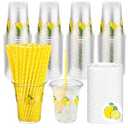Blushtier 100 Set 12 oz Lemon Plastic Cups with Lids and Straw Plastic Coffee Cups with Lids Transparent Disposable Cups for Juice Water Coffee Tea Birthday Party (Yellow)