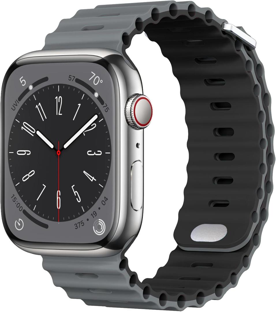 Compatible with Apple Watch Ocean Bands 38mm 40mm 41mm 42mm 44mm 45mm 46mm 49mm Soft Silicone Wristbands Replacement Strap for iWatch Ultra 2 Ultra SE Series 10 9 8 7 6 5 4 3 2 1 Women Men (Gray/Black)