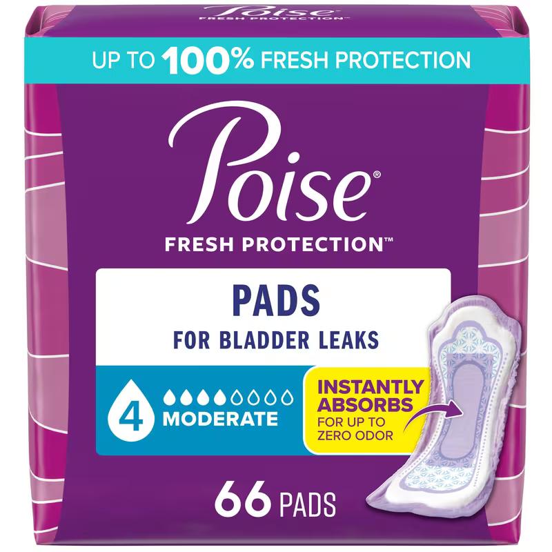 Poise Postpartum Incontinence Pads, Moderate Absorbency, Regular Length, 66 Count