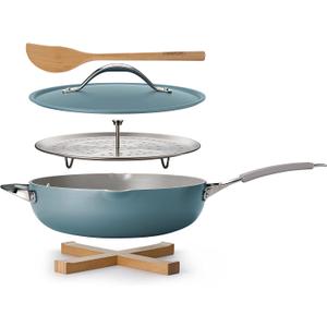 Tramontina All-in-One Plus Pan Set, 5-Quart Ceramic Non Stick Cooking Pan with Lid, Steamer Insert, Bamboo Utensil and Trivet, Blue