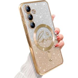 for Samsung Galaxy S24 Case Magnetic,for Women Girl Soft Cute Luxury Love Heart Plating Bling Glitter Gradient Clear Phone Case Compatible with MagSafe Shockproof Back Cover 6.1-Gold