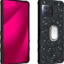 Generic for T-Mobile Revvl 7 Pro 5G Case [with Tempered Glass Screen Protector][Mirror Ring][Glitter powder] Compatible with T-Mobile Revvl 7 Pro 5G leather Phone Case Cover SF-H, CSK-Black