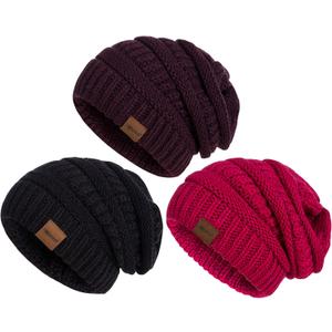 Womens Beanies for Winter 3 Pack, Slouchy Beanies for Women Oversized Knit Warm, Winter Hats for Women Thick for Cold Weather (Black+dark Purple+candy Pink)
