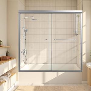 Bathtub Shower Door 56-60" W x 58" H Semi-Frameless Shower Doors for Bath Tub Glass Shower Door with 1/4" (6mm) Clear Tempered Glass for Bathroom, Silver