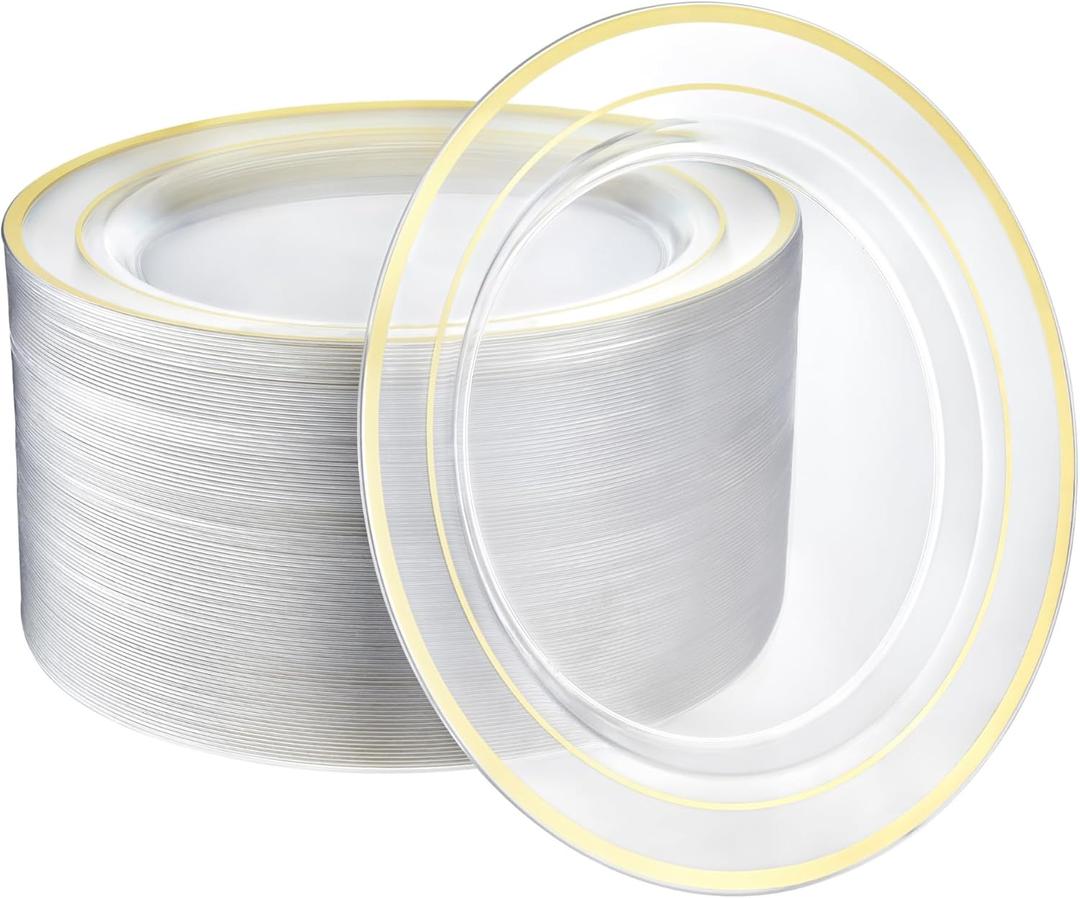 R-kay 100 Pack Clear Gold Plastic Plates - 6.25 IN Gold Rimmed Sturdy, Durable And Extra Heavy duty Gold Plastic Dessert Plates Disposable - Appetizer Plates Disposable For All Occasions