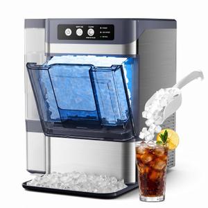 Nugget Ice Maker Countertop, Chewable Pellet Ice Machine, 37lbs/Day, 6-Min Fast Ice, One-Click Self-Cleaning, 0.8Gal Detachable Tank, Stainless Steel for Home/Kitchen/Office/Party