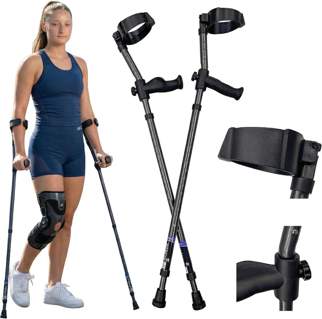 in-Motion Forearm Crutches | Spring Assist Crutches for Adults | Walking Crutch with Ergonomic Handles | Articulating Tips | Size Tall (5'3" - 6'8") | Lightweight & Durable | Charcoal | 350lb Capacity