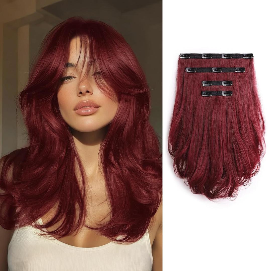 Clip in Hair Extensions Burgundy 14'' Long Invisible Synthetic Fake Hair Extensions 4PCS Soft Natural Clips on Hair Extension Ins Clip in Hairpieces for Women Party Daily Use 5Oz (BUG)