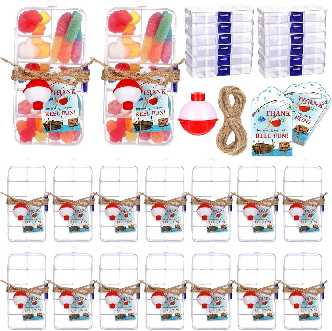 Wonderjune 24 Sets Fishing Party Favors Candy Little Tackle Boxes with Red White Floater Thank You Cards for Making My Reel Fun Fishing Theme Party Decorations