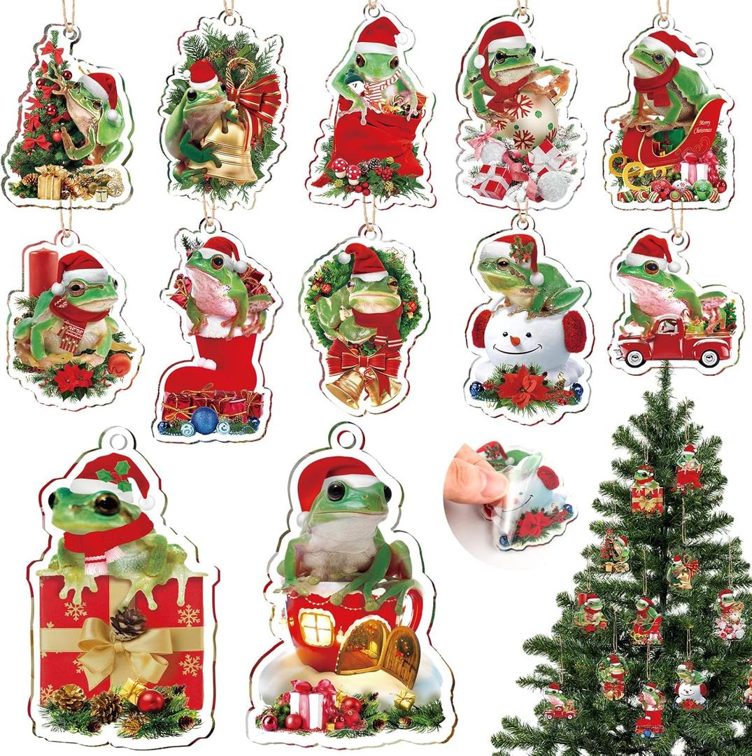 Soaoo 48 Pieces Acrylic Frog Christmas Ornament for Christmas Tree Frog Hanging Decorative Christmas Tree Ornaments for Xmas Tree Outdoor Indoor Hanging Party Holiday Decor