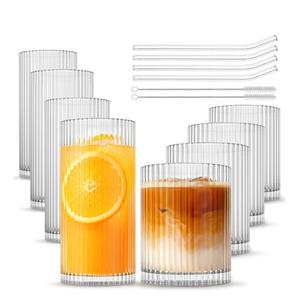 NSETLAN Set of ,7 Vintage Glassware - 4 Highball Glasses 12 oz, 4 Rocks Glass Cups 14 oz, Ribbed Glassware Cocktail Glasses, Ideal for Wine, Juice, Water, Ice Coffee Cup, Whiskey, Mixed Drinkware