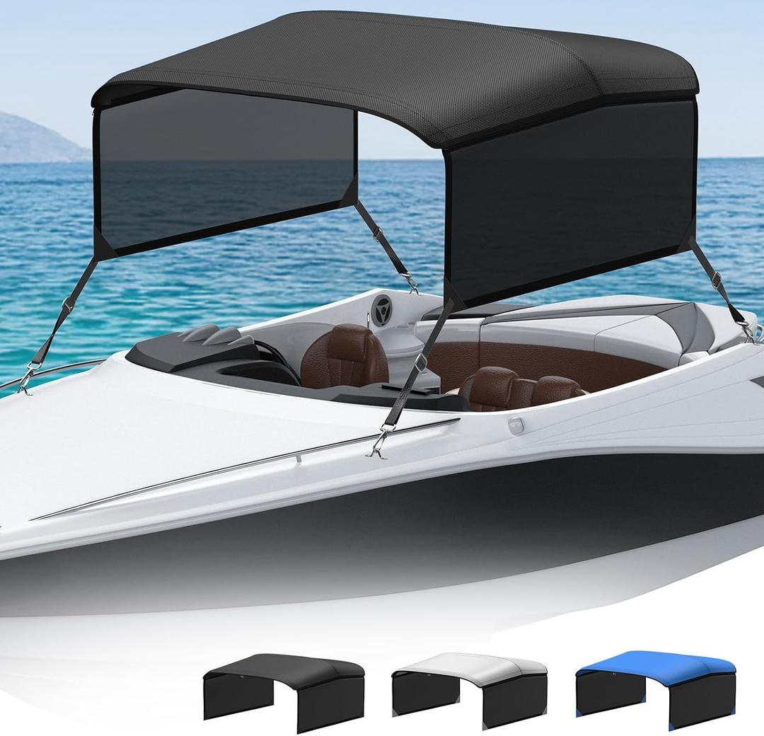KAKIT 3 4 Bow Bimini Top Replacement Cover, 900D Oxford Bimini Tops for Boats with 2 Mesh Sidewalls, 2 Straps and Storage Boot Easy Install Zipper Closure, Replacement Boat Canopy Sun Shade No Frame (Black)