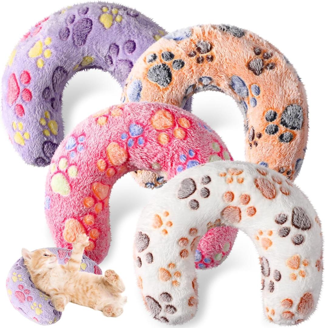 Sweetude 4 Pcs Pillows for Cats Puppy Bed Fluffy Pet Calming Soft Gifts Half Donut U Shaped Pet Neck Pillow Training Joint Relief Cervical Protection(Paw,Medium)