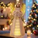 Pre-Lit Guardian Angel Figurines with Golden Wings - Plush Hooded Robe and Warm LED Light Glow, Christmas Collectible Angel Decorations for Home Ornament