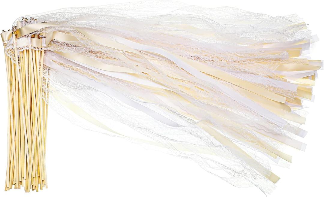 Vinsot 100 Pieces Lace Ribbon Wedding Wand Sticks Party Streamers with Bells Lace Silk Fairy Stick Wand Streamers for Wedding Send Off Party Activities Holiday Celebration Favors (Champagne)